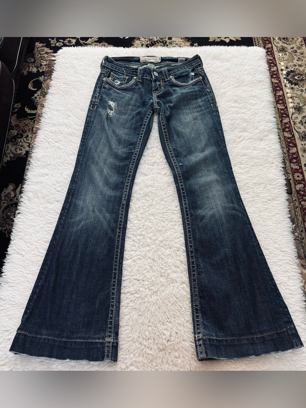 Mek Oaxaca Denim Flared Distressed Jeans - Embroidered Back Pockets size W25 L34